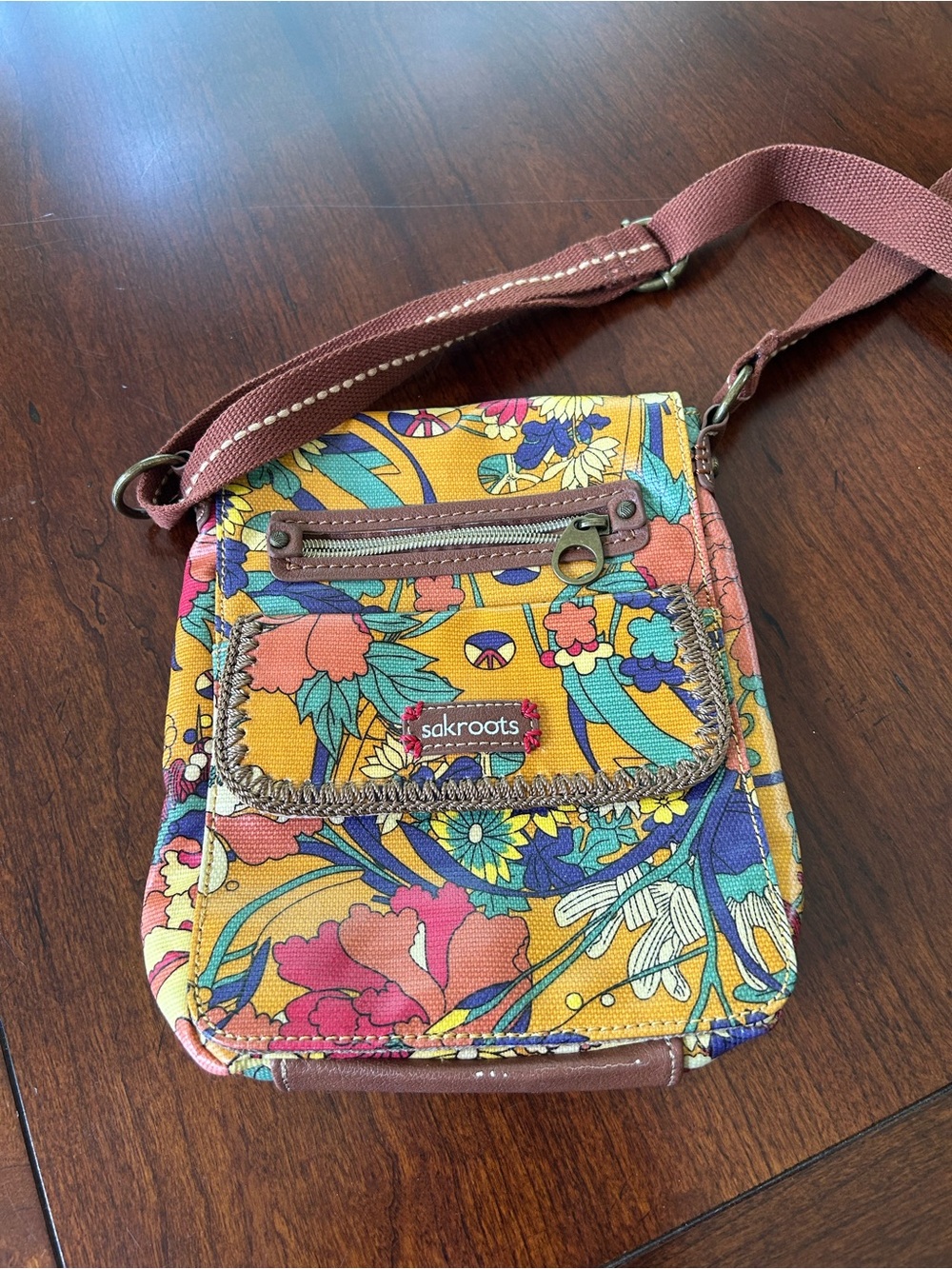 Sakroots Yellow Floral Print Crossbody Bag with Multicolor Accents